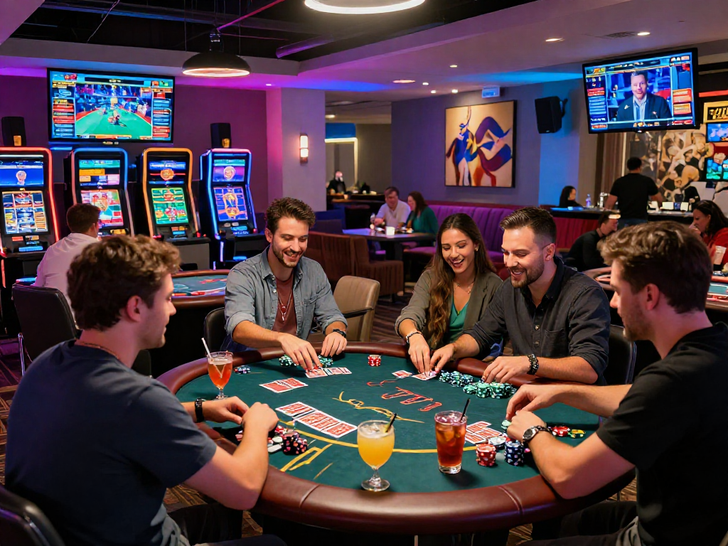 Giocatori entusiasti in un casinò senza AAMS, divertendosi a tavoli di gioco eleganti con luci vivaci e atmosfera coinvolgente.
