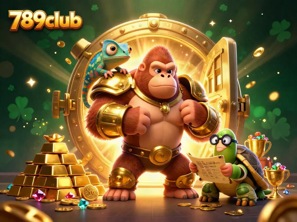 Engage with 789club's vibrant 3D casino scene featuring a gorilla king and treasures.