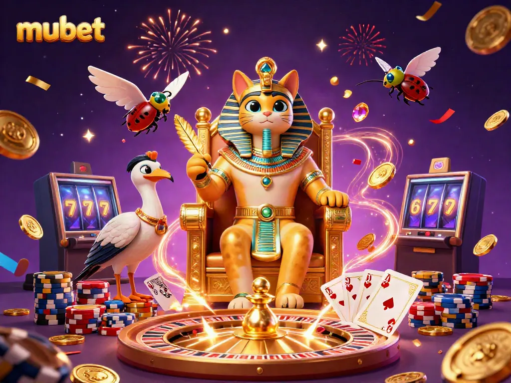 Engage with mubet's vibrant casino world featuring Egyptian pharaoh cat and dynamic game elements.