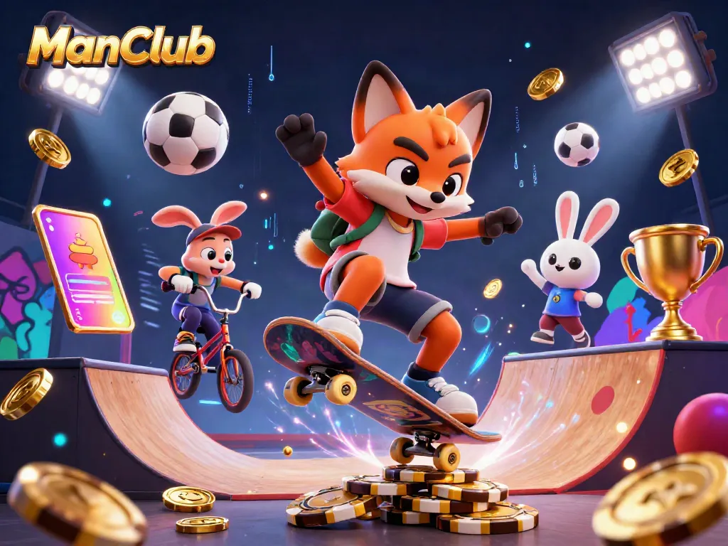 Experience thrilling gameplay at ManClub with captivating casino characters and vibrant elements surrounding them.