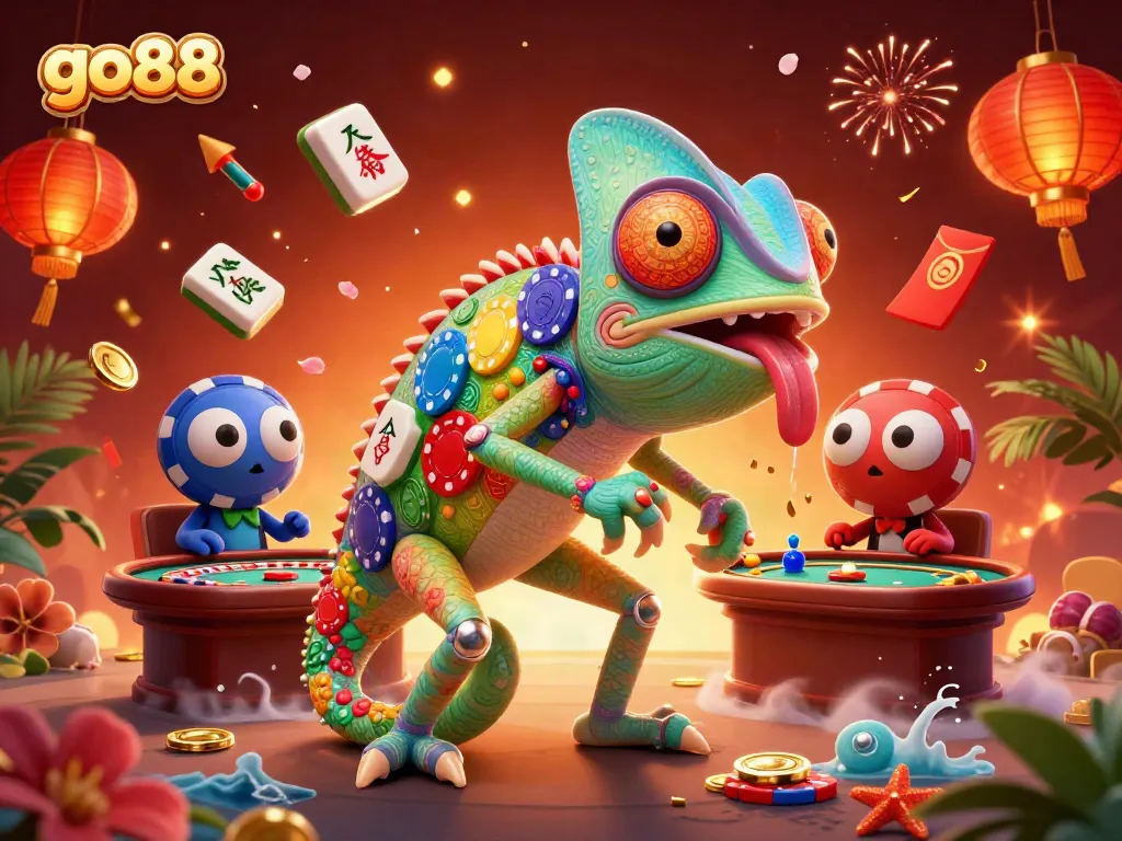 Spin the reels at go88 with a vibrant chameleon casino owner, surrounded by colorful game elements.