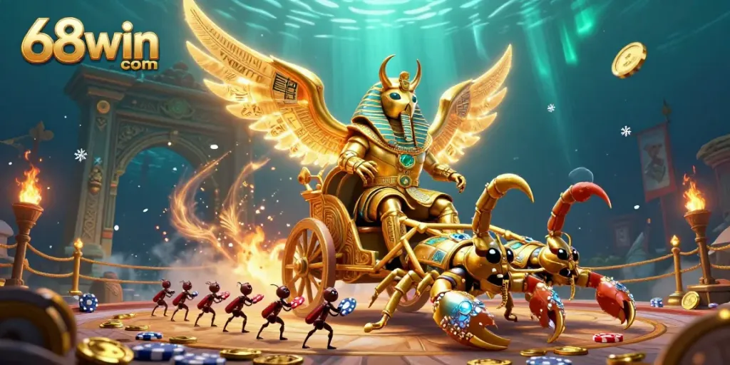 Experience vibrant gambling action with the 68win com scarab beetle and scorpions in a richly detailed casino scene.