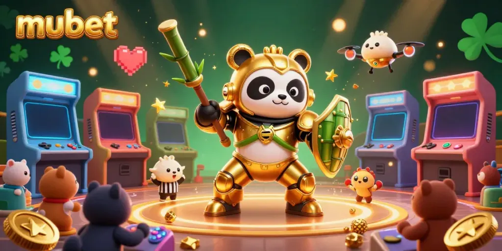 Engage with mubet's vibrant casino atmosphere featuring a mech-suit panda and arcade games enlivened by cheers.
