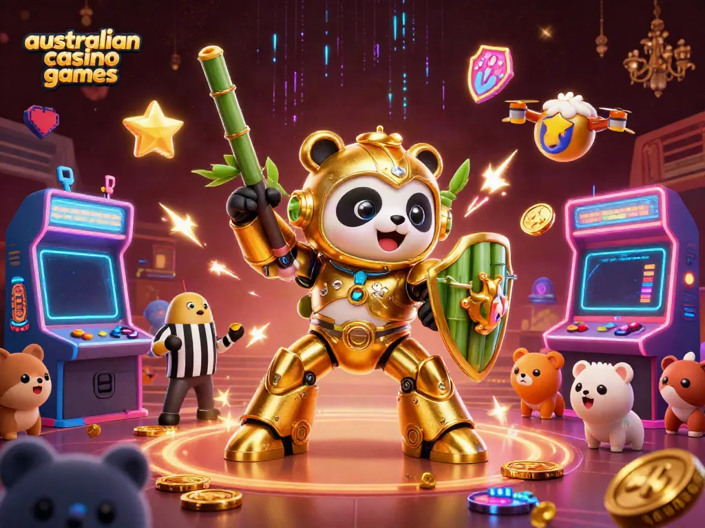 Engage in an immersive scene of australian casino games with a mech-suit panda battling in a vibrant arcade setting.