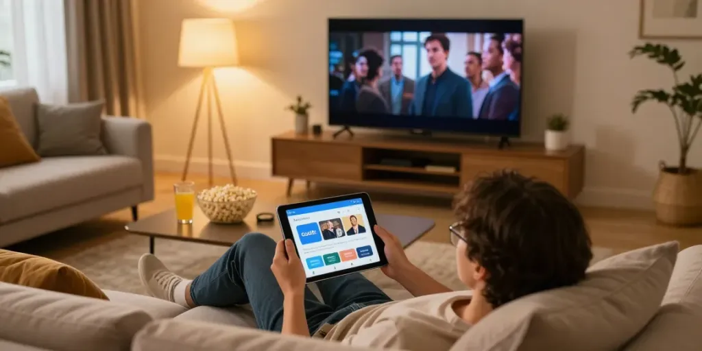 Download the app for Cocoflix in a cozy living room with entertainment and comfort.