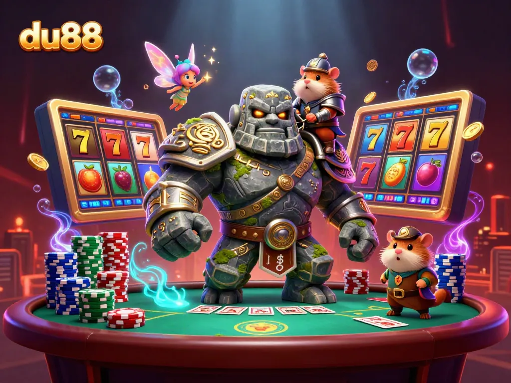 Experience an enchanting du88 casino adventure with a magical golem and characters amidst vibrant slot visuals.