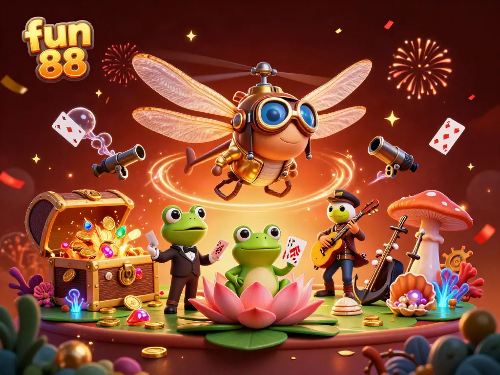 Experience fun 88 in this vibrant casino scene with a cheerful dragonfly pilot and frog dealer.