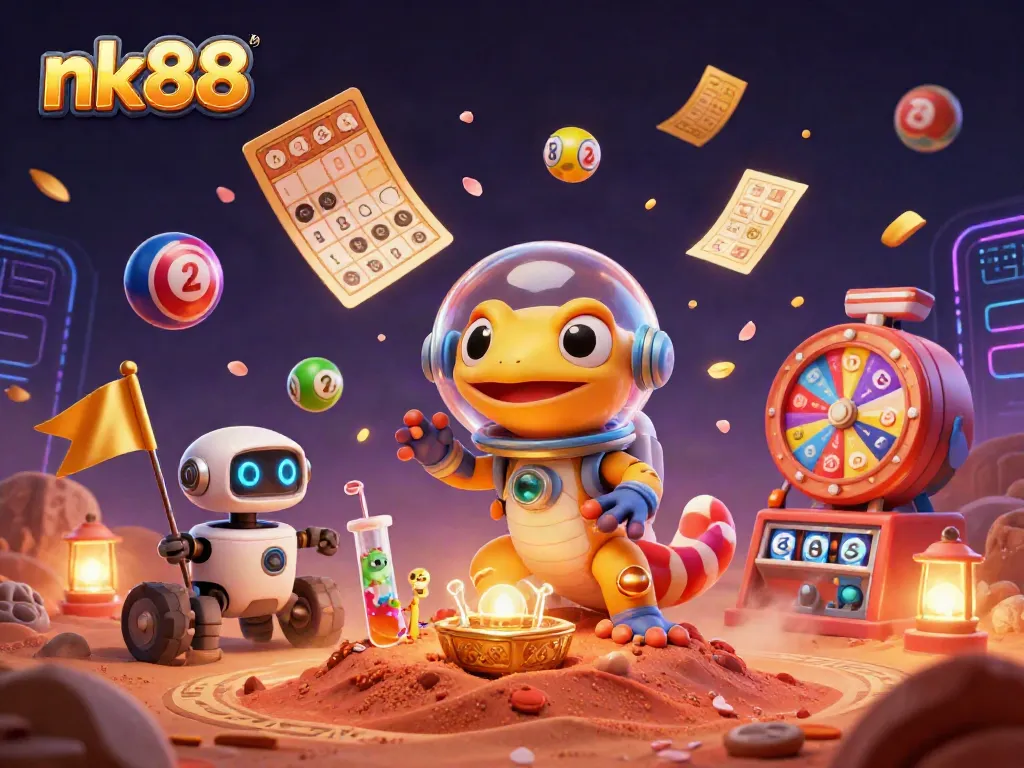 Engage with nk88's vibrant casino-themed universe filled with dynamic gaming elements and cheerful characters.