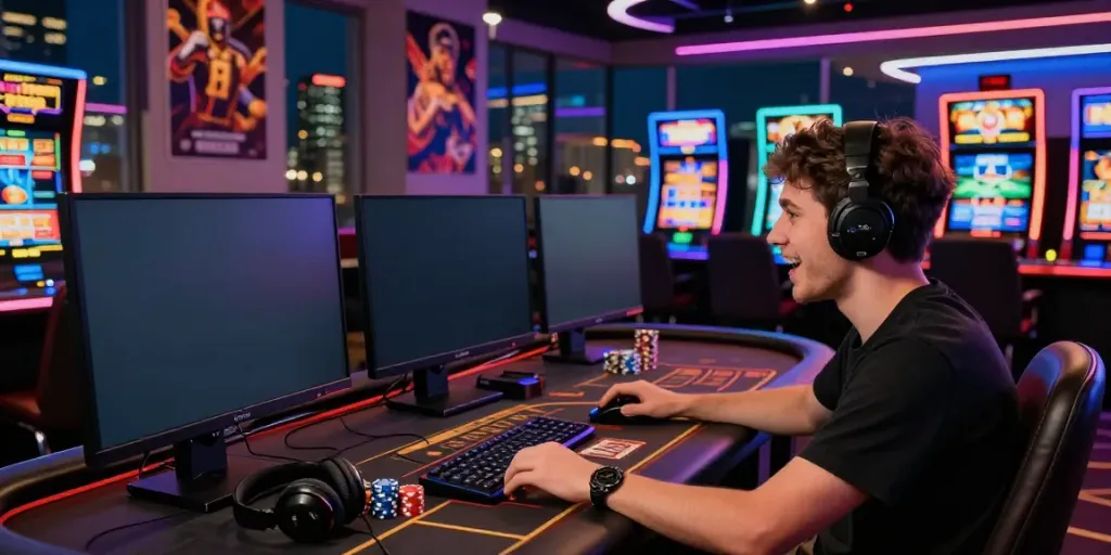 Engaged player at a vibrant digital casino setup showcasing https://man88pro.com/ for an exciting gaming experience.