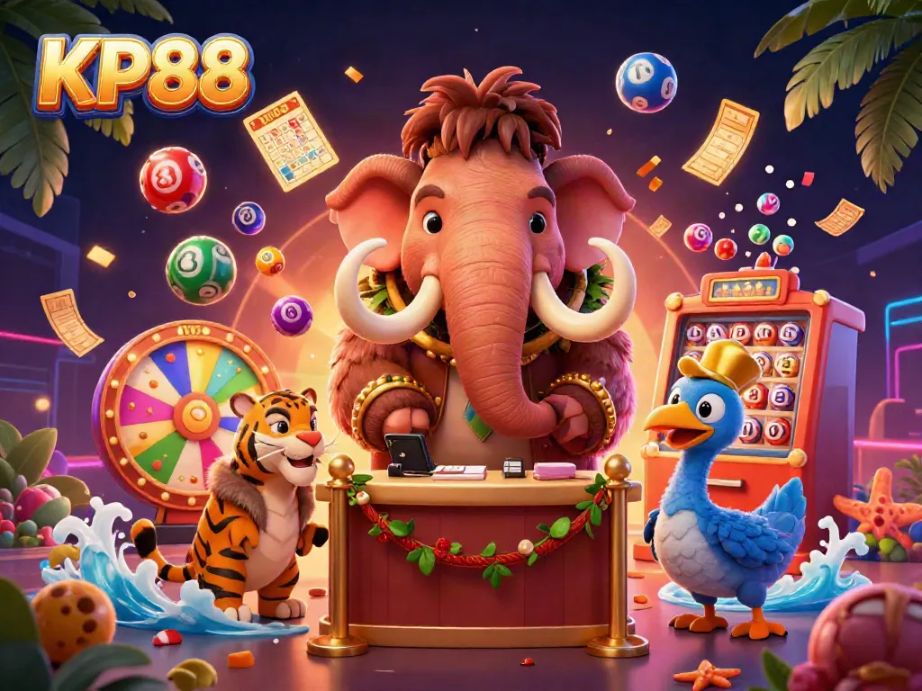 Experience the thrill of KP88 with a vibrant illustration showcasing a mammoth bouncer and a saber-tooth tiger VIP at the casino entrance.