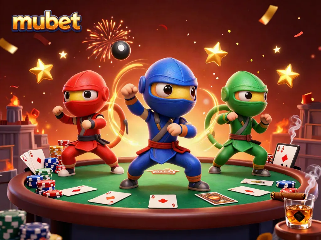 Experience thrilling poker action with mubet's vibrant ninja chameleons in a dynamic illustration.