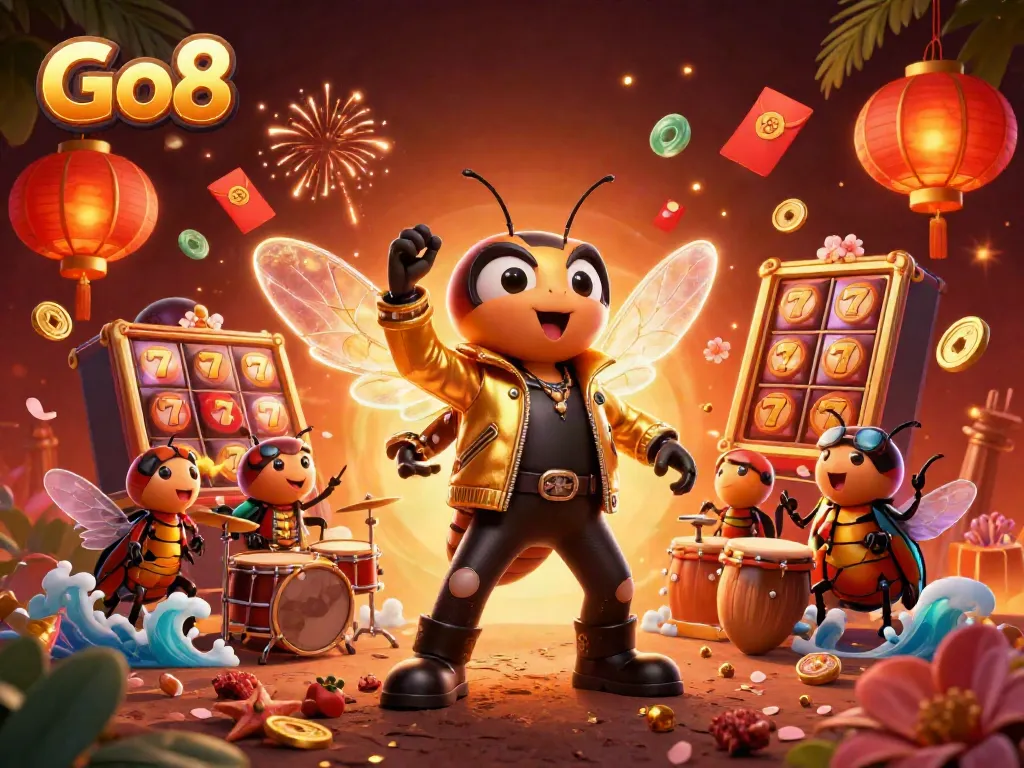 Experience the thrill of Go8 with a vibrant casino scene featuring a cicada rock star and dynamic gameplay elements.