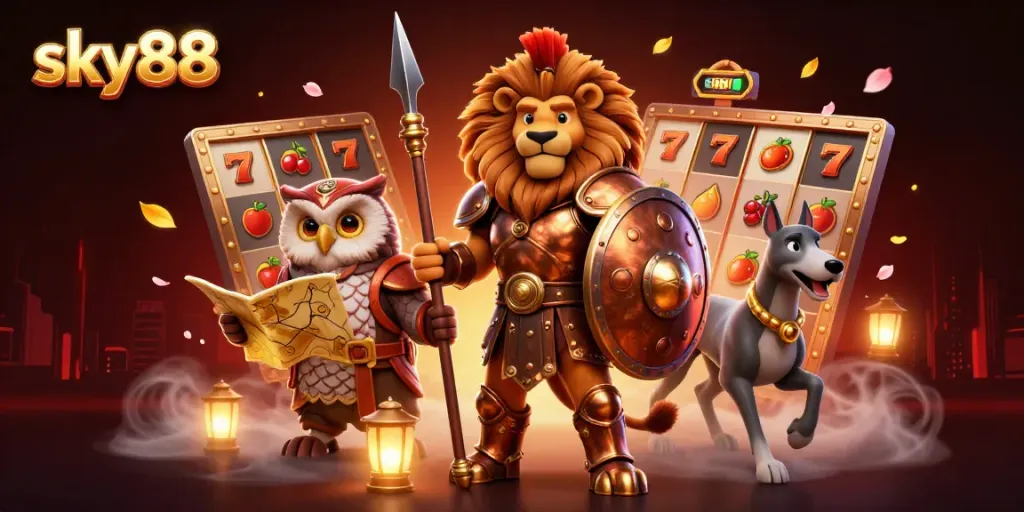 Engage in thrilling gaming action with sky88's vibrant 3D illustration of a Spartan lion and casino elements.