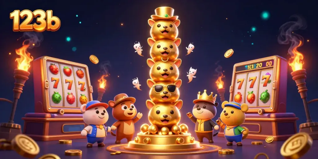 Engage with thrilling games at 123b, showcasing a vibrant 3D casino scene featuring a dynamic totem pole and slots.