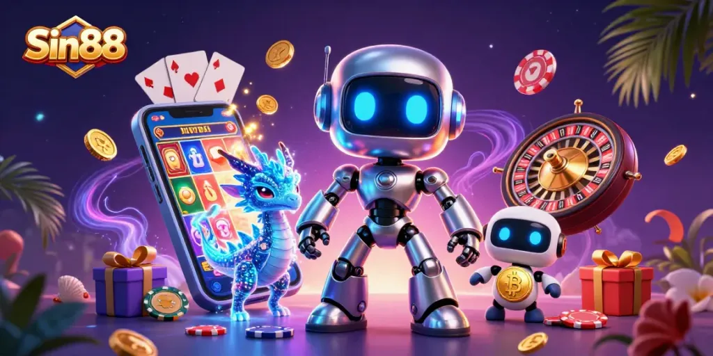 Sin88 showcases an engaging casino illustration featuring a cyberpunk robot and a bitcoin drone amidst vibrant gaming elements.