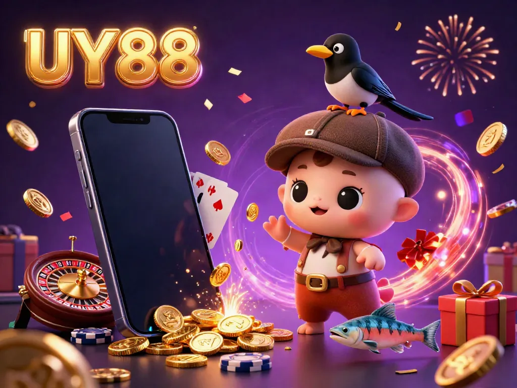Spin colorful slots and explore UY 88's engaging games with animated characters in a vibrant setting.