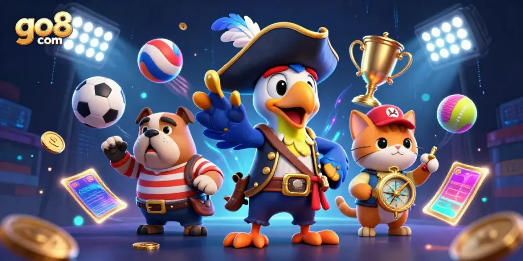 Engage with go8 com in this vibrant 3D scene of a pirate captain, bulldog, and ship cat amidst sports gambling elements.