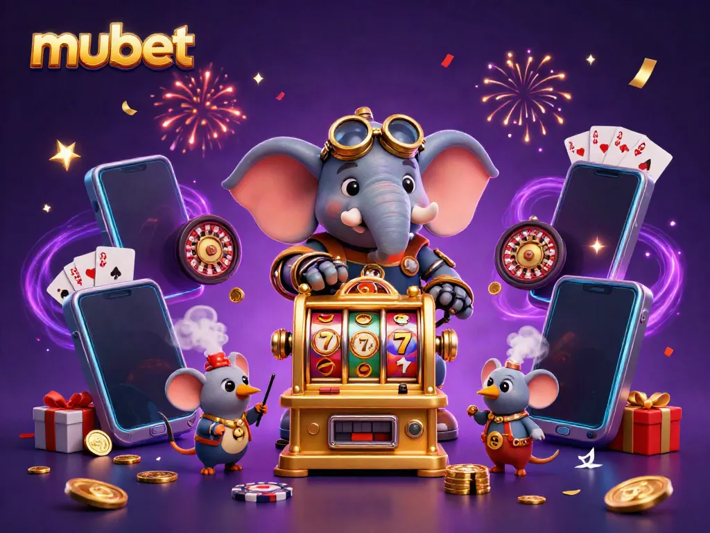 Experience the excitement of mubet with a steampunk elephant operating a golden slot machine amid vibrant gaming elements.