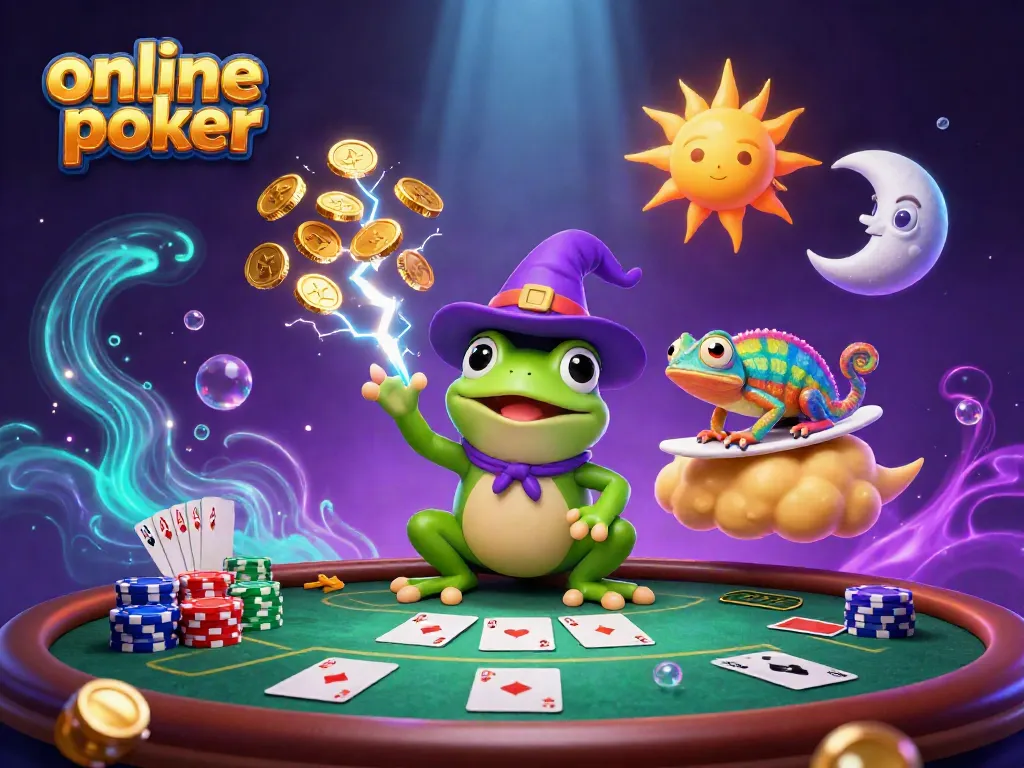 Experience the thrill of online poker with a vibrant scene featuring colorful characters and game elements.