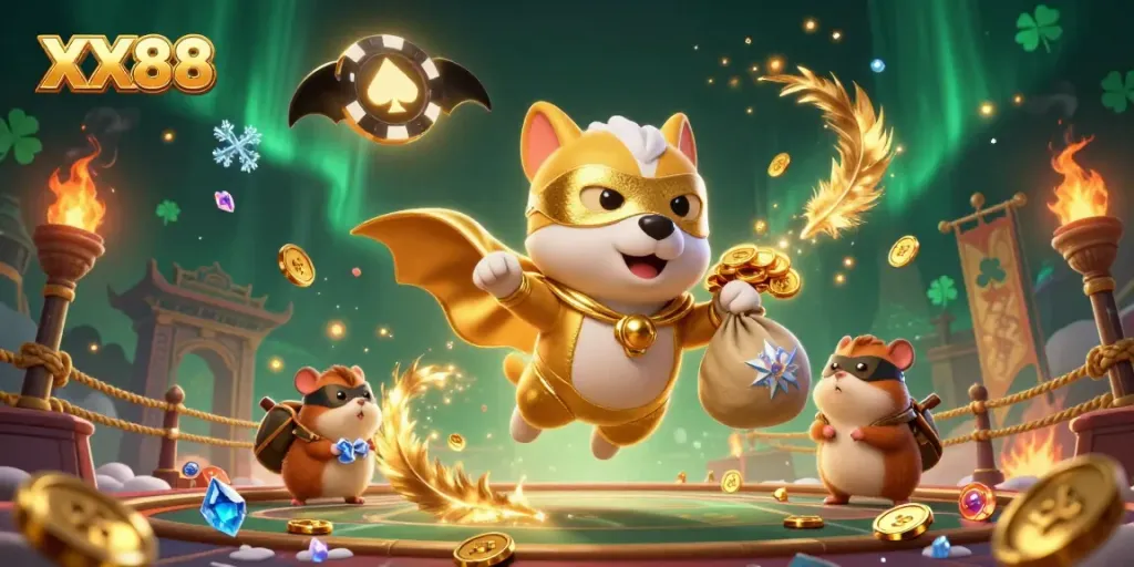 Experience thrilling gameplay with XX88's 3D explosive superhero dog and hamster duo.