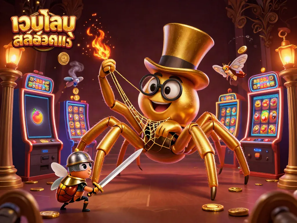 Engaging scene of เว็บเกมสล็อตแท้ with a giant golden tarantula weaving golden threads surrounded by lively casino elements.