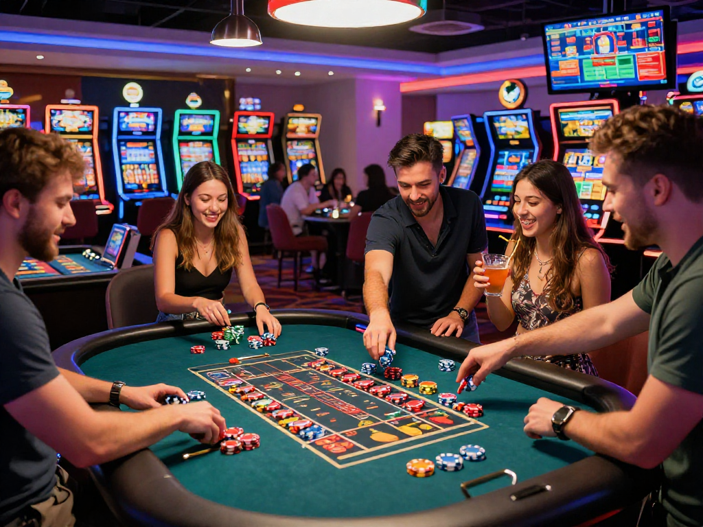 Scene di festa in un casinò senza AAMS, amici che celebrano al tavolo della roulette con cocktail e fiches colorate.