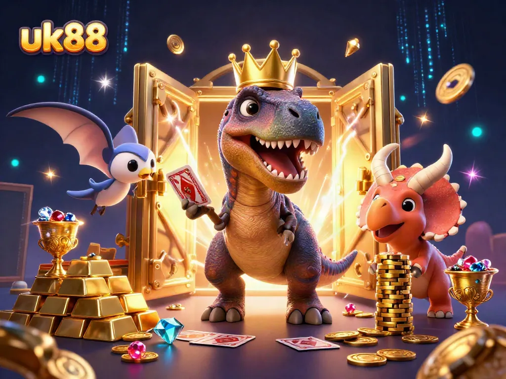 Experience captivating gameplay with uk88, featuring a T-Rex, pterodactyl, and triceratops in a vibrant casino scene.