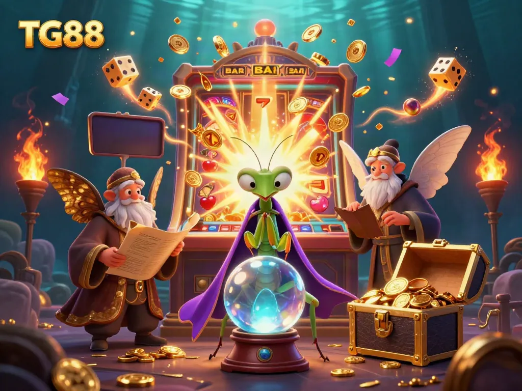 Experience the mystical world of TG88 with a cartoon fortune teller and magical elements in a vibrant casino scene.