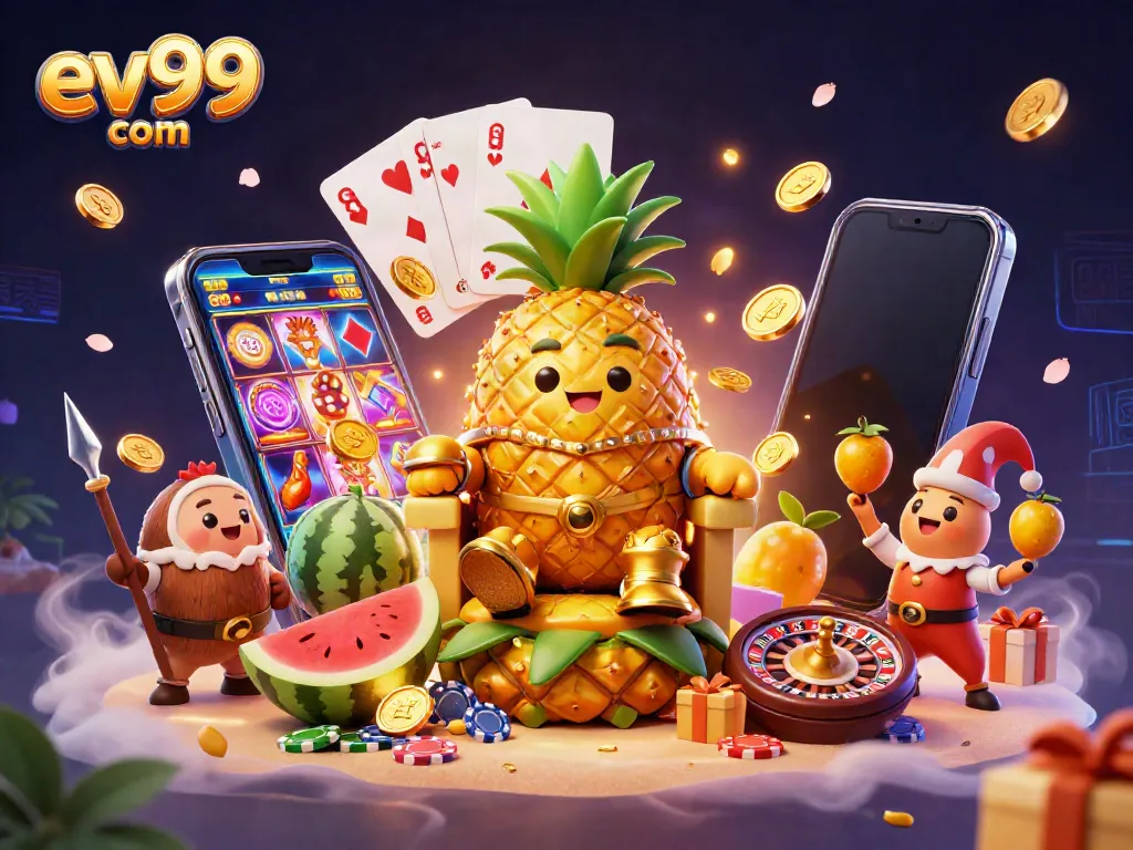 Win at EV99 com with a lively 3D casino scene featuring a pineapple king and game elements.