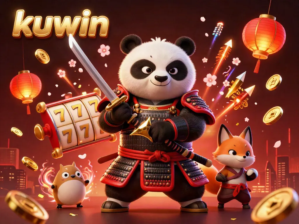 Kuwin's immersive casino scene showcasing a samurai panda and ninja fox amidst vibrant slot machines and golden coins.
