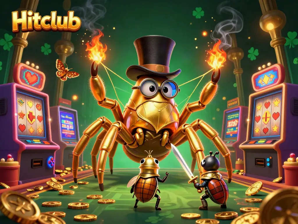 Hitclub transforms gameplay with vibrant visuals featuring a golden tarantula and gaming elements.