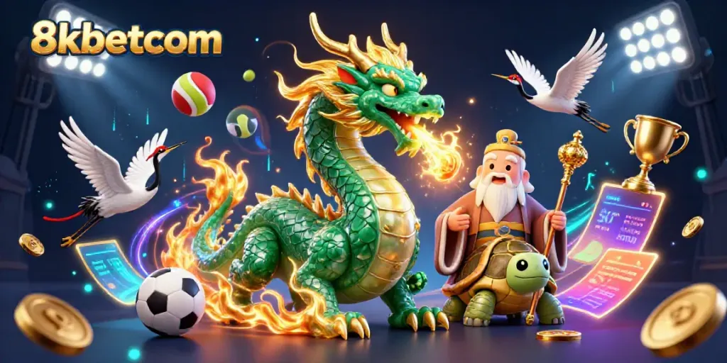 Engage with 8kbetcom’s dynamic sports betting world alongside a jade dragon and lucky cranes.
