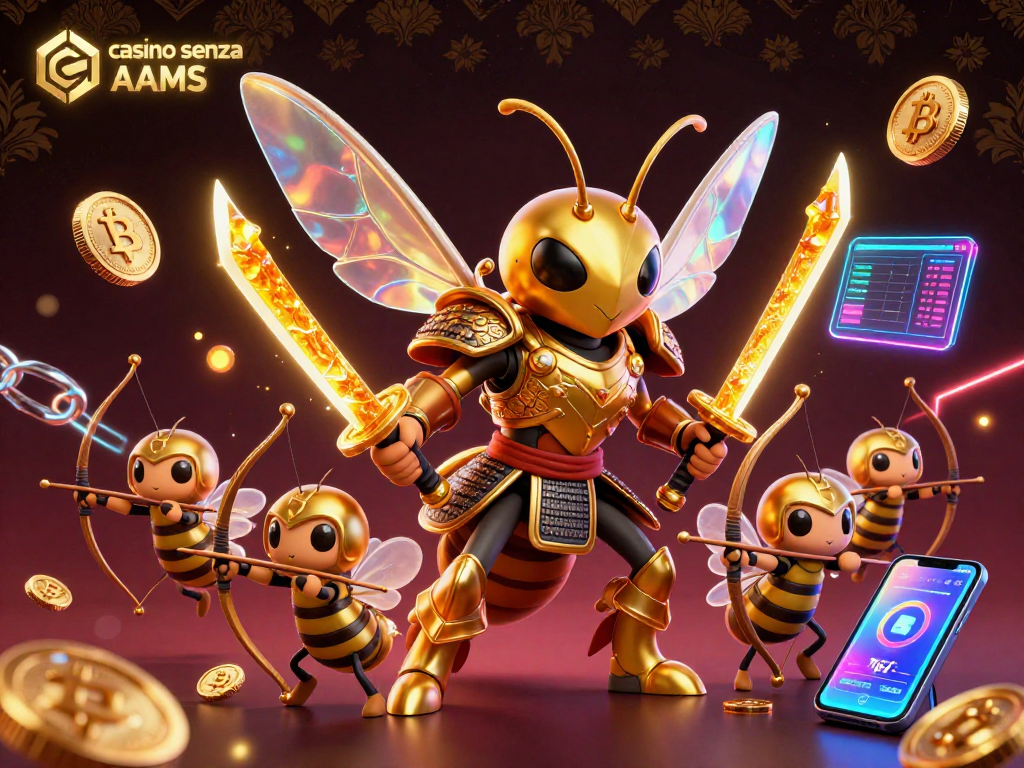 Gioca nei casinò senza AAMS con un'illustrazione 3D di un'ape samurai e archi d'oro.