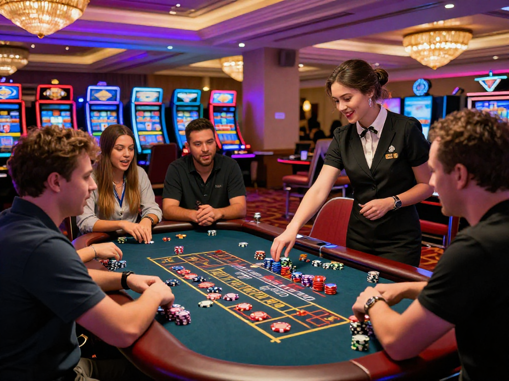 Casino senza AAMS: Giocatori entusiasti attorno a un tavolo della roulette illuminato da luci al neon.