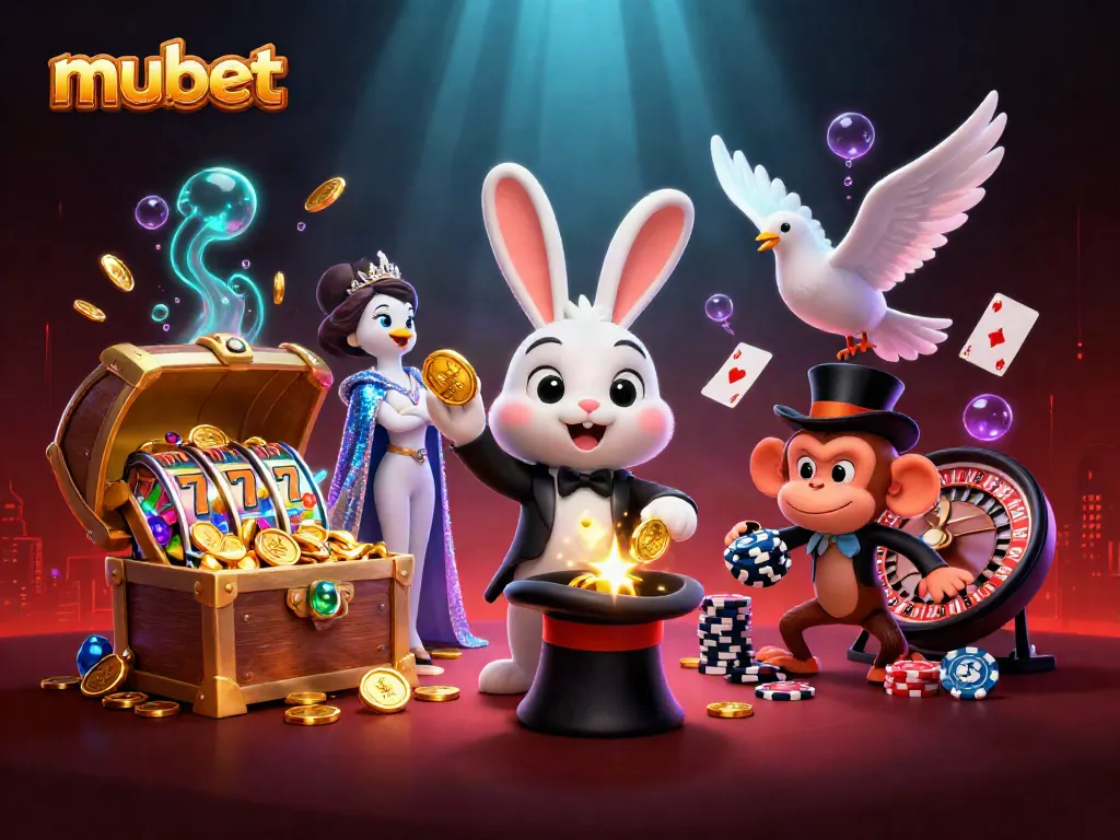 Experience exhilarating gaming at mubet with a magician, dove, and monkey in a vibrant casino scene.