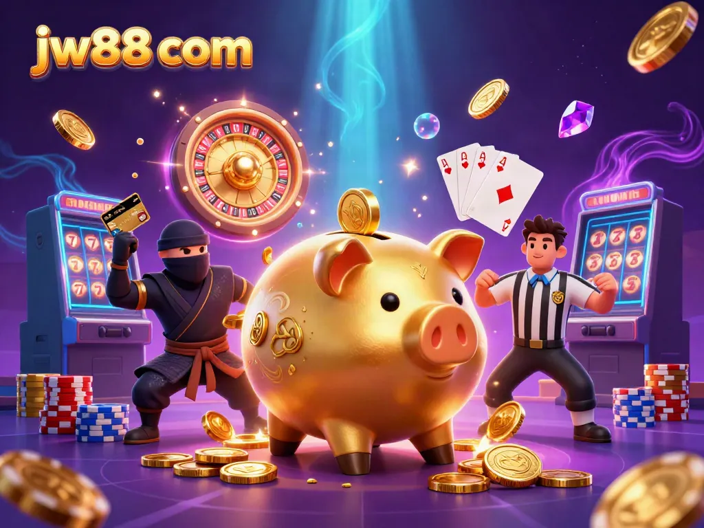 Engaging 3D visual of jw88 com featuring a golden piggy bank sumo wrestler, a wallet ninja, and a credit card samurai, surrounded by casino elements.
