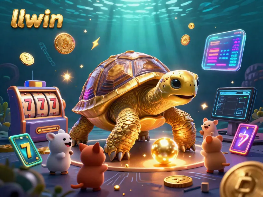 Experience llwin's thrilling gaming realm with a golden tortoise pinball and vibrant slot elements.