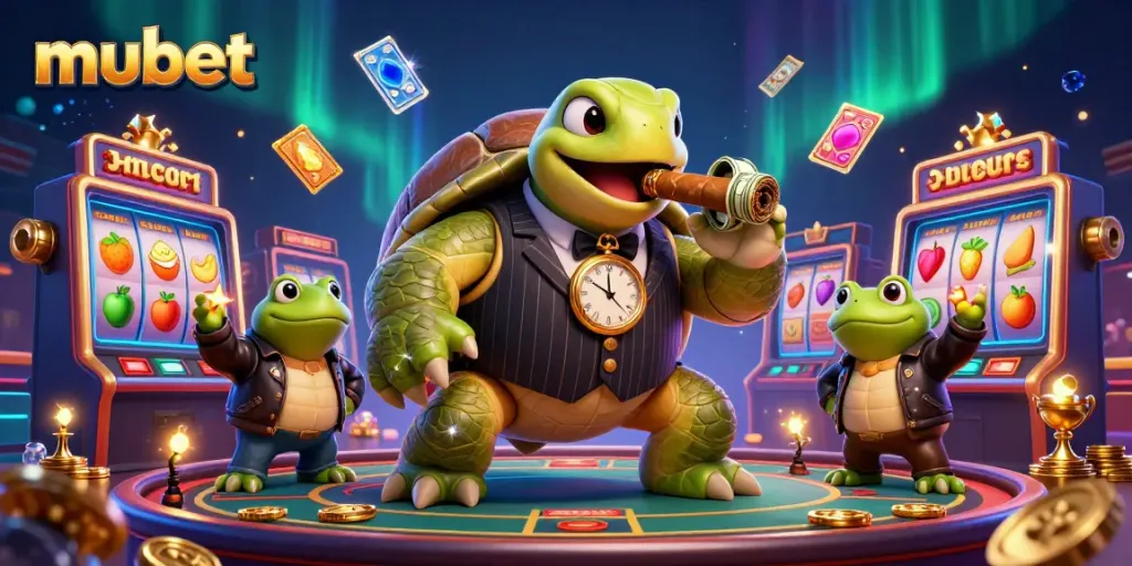 Engage with exciting casino action at mubet, featuring a vibrant 3D illustration of colorful slot machines and playful characters.