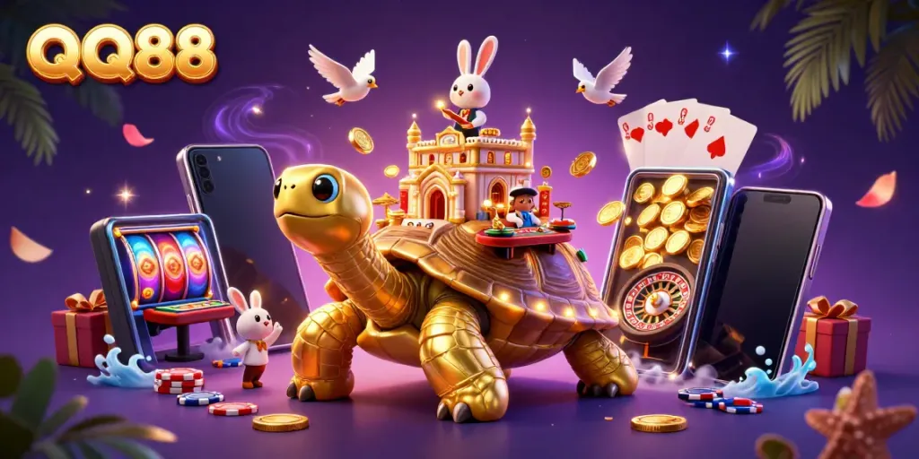 Experience thrilling gaming excitement with QQ88’s colorful casino scene featuring a giant turtle and rabbit dealer.