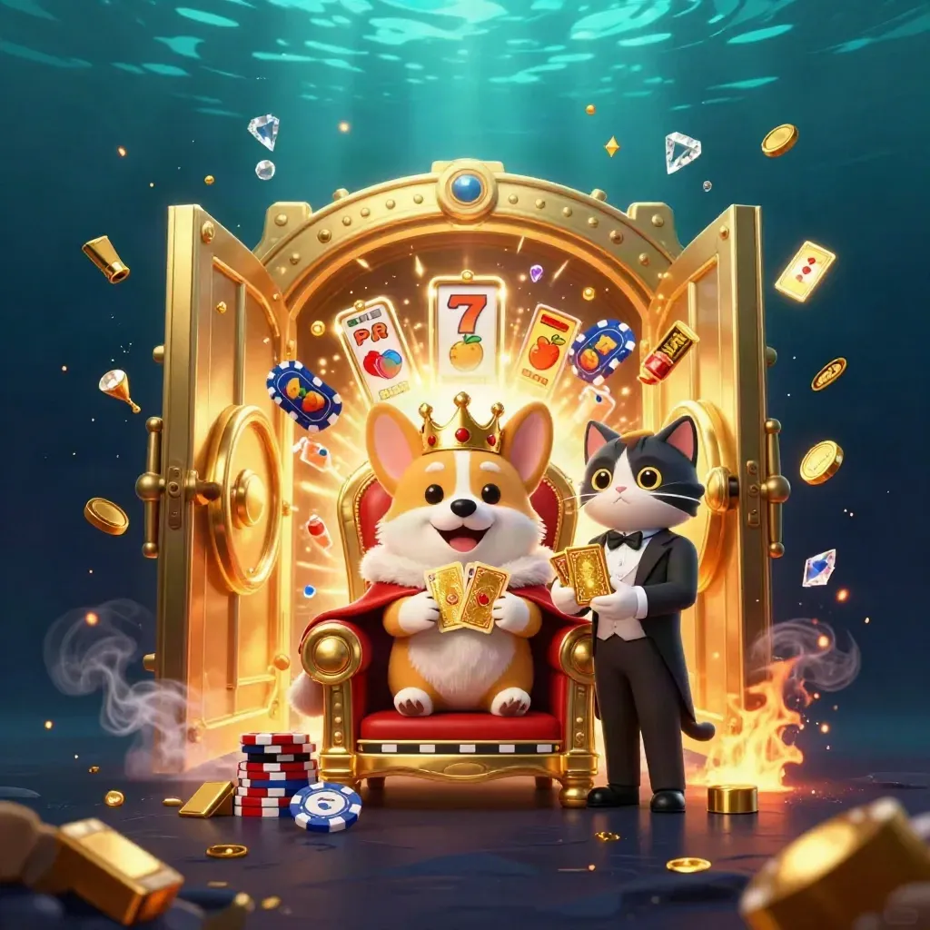 Royal corgi and cat butler at a glowing treasure vault amid gold, gems, and casino symbols.
