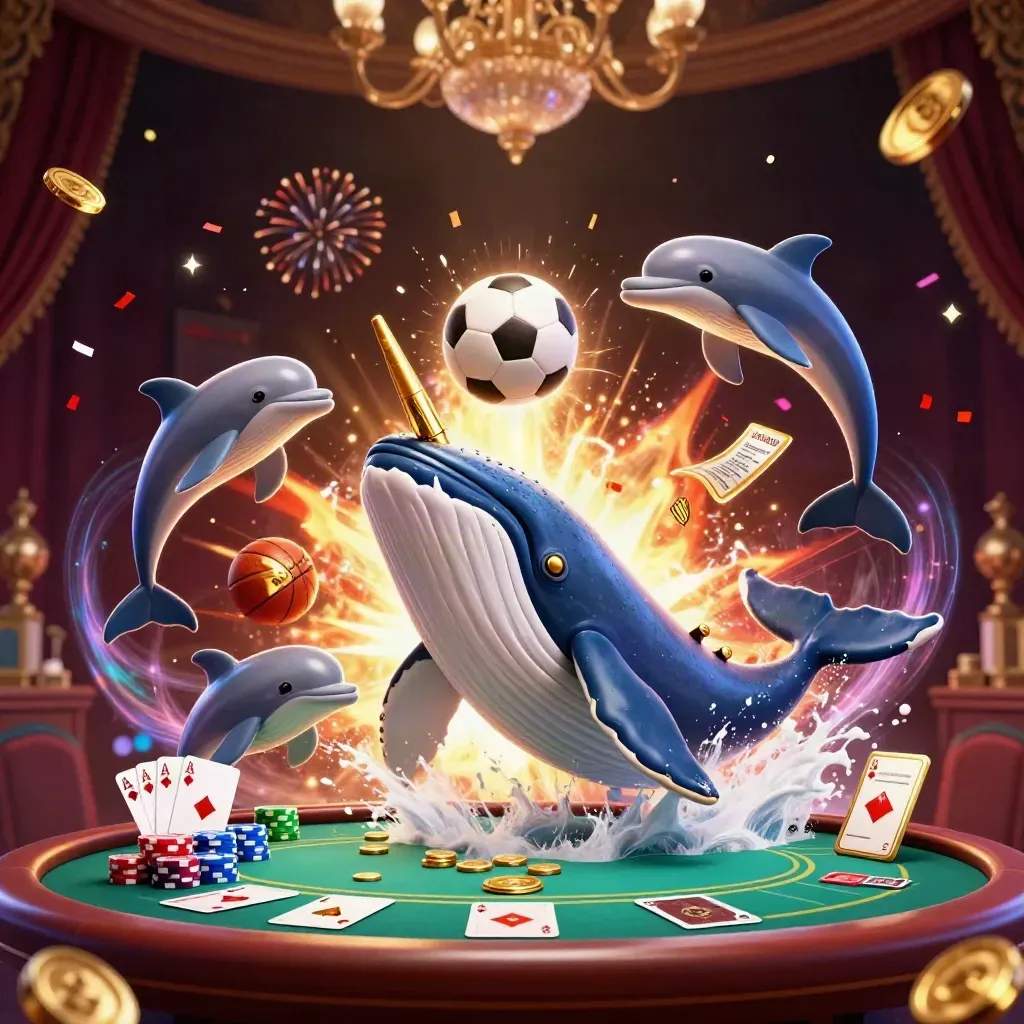 Whale, narwhal, and dolphins burst through coins with cards, chips, soccer ball, and basketball.