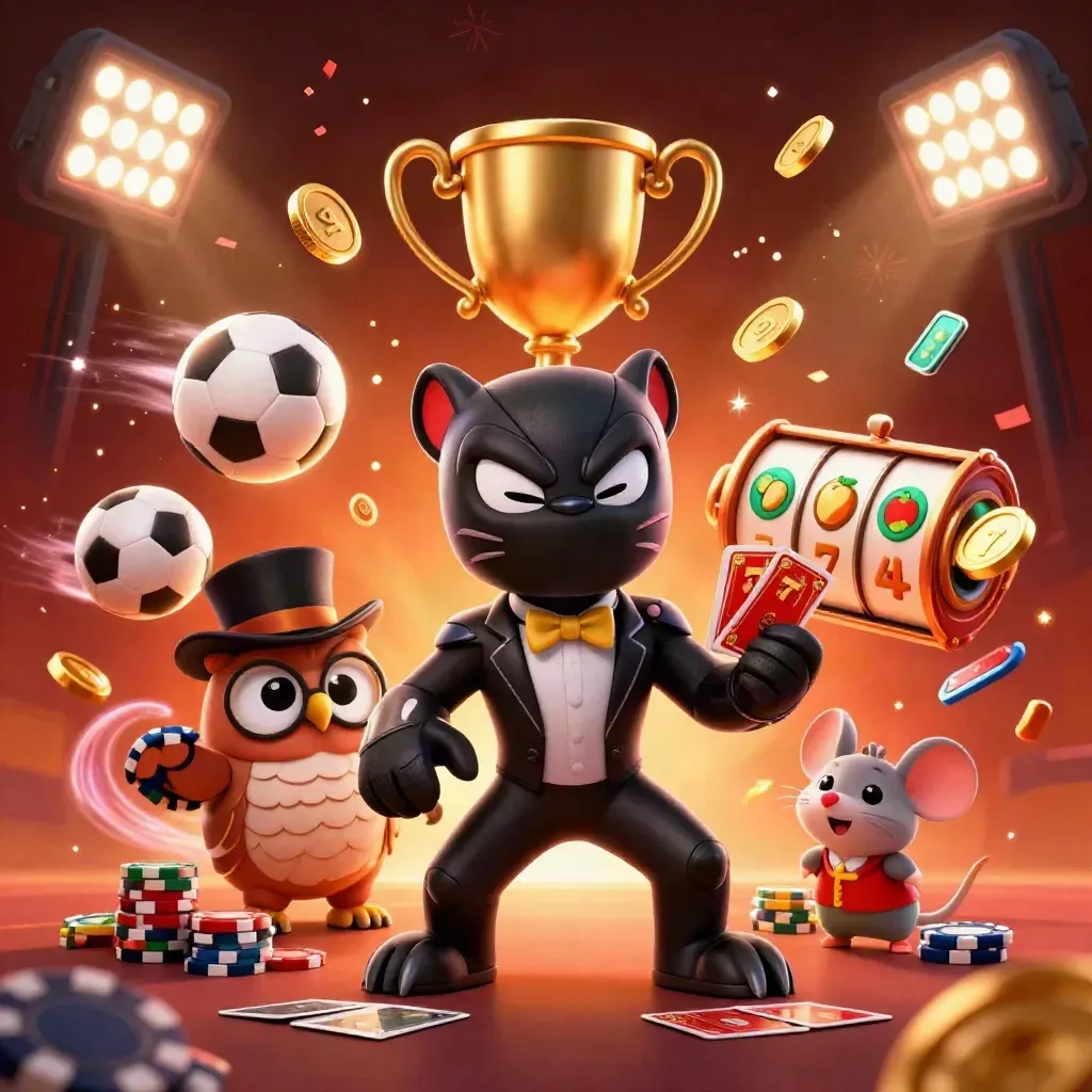 Panther, owl, and mouse in casino action amid balls, coins, fireworks, and neon glow.