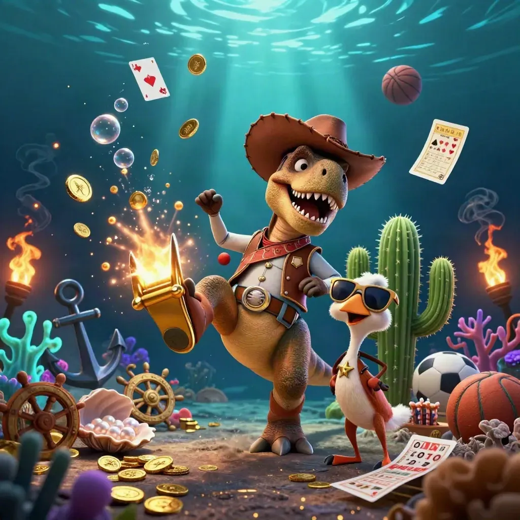 Cartoon cowboy T-Rex, cactus, and roadrunner in a glowing underwater treasure cove