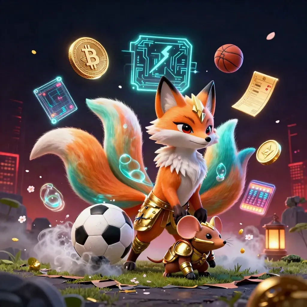 Fox spirit, armored mouse, soccer ball, coins, lightning, and neon casino glow.