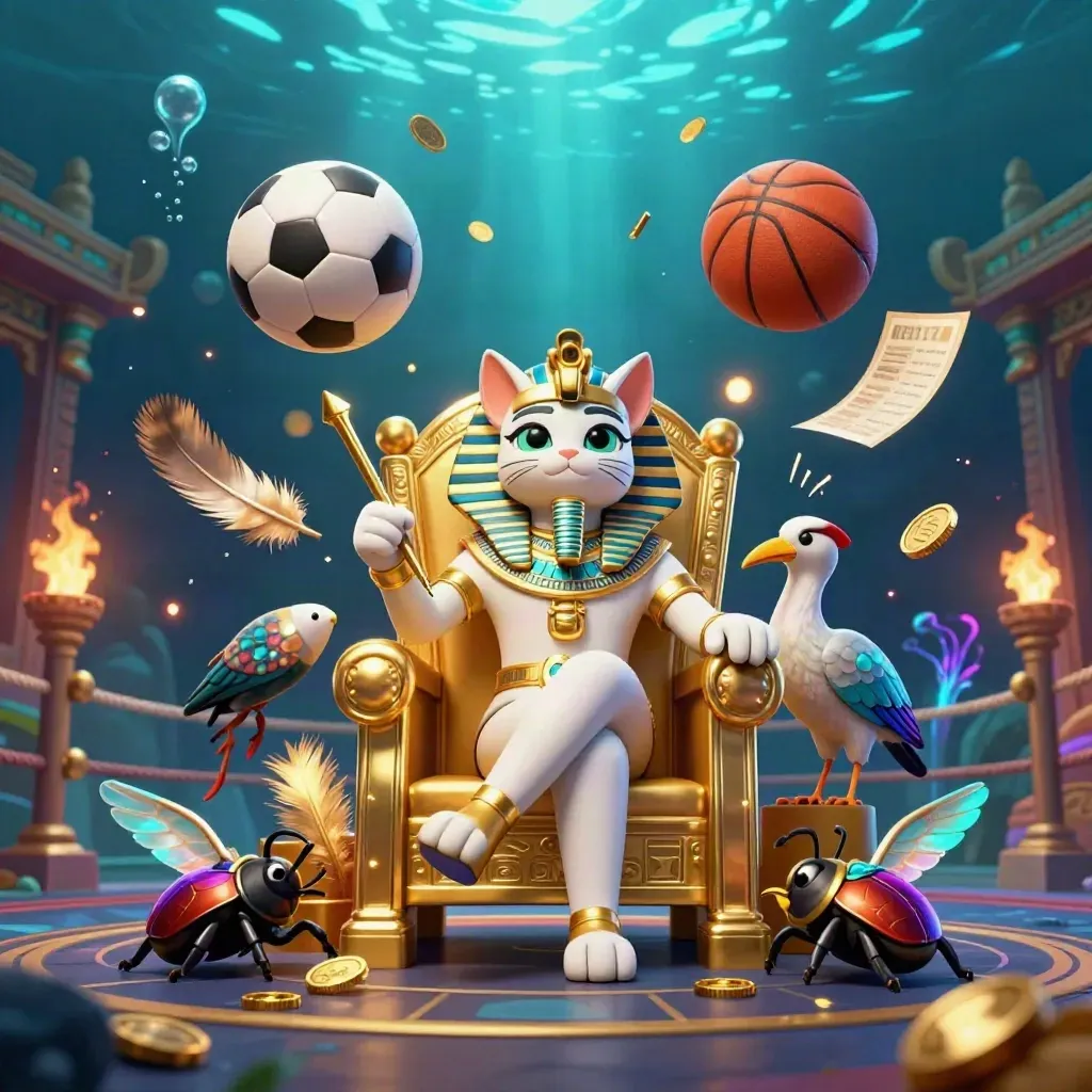 Pharaoh cat, ibis scribe, and scarab beetles amid sports balls, gold, and teal undersea rays.