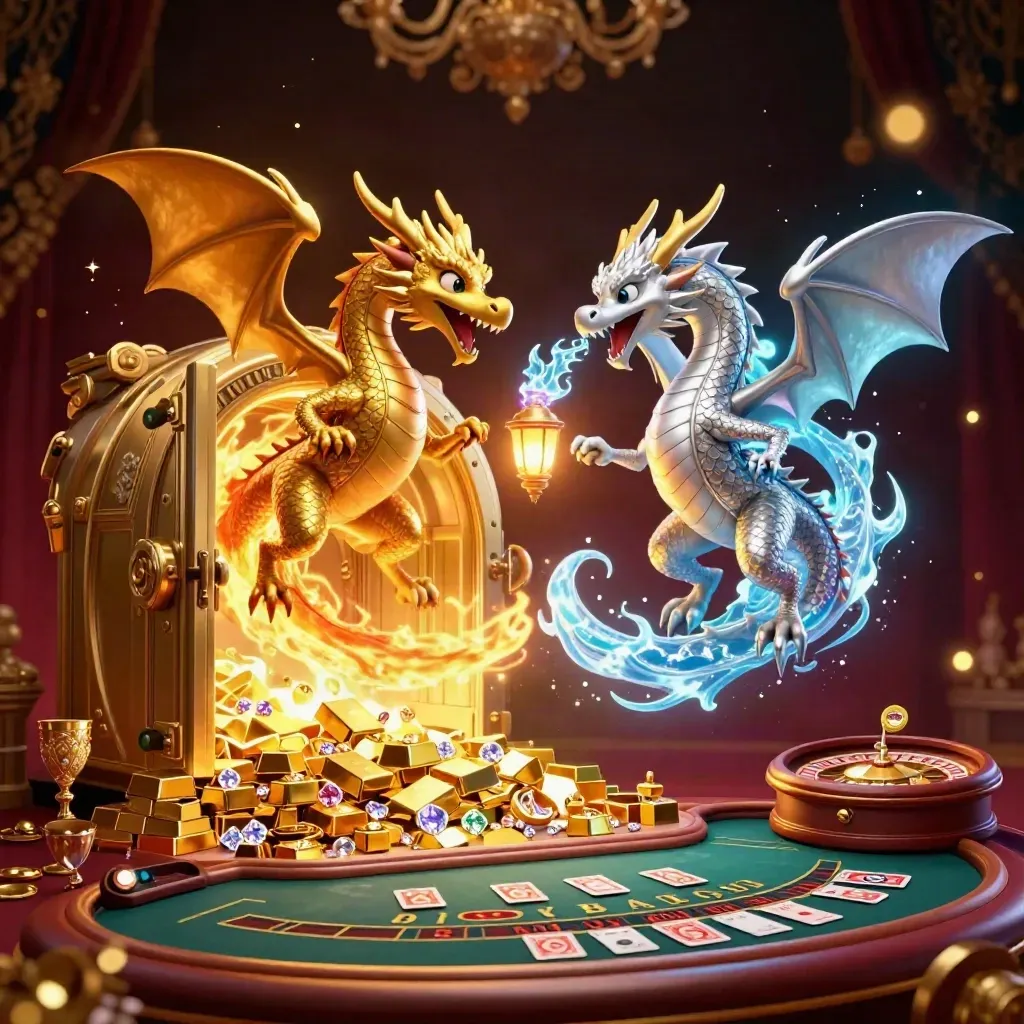 Gold and silver dragons spiral around a lantern spirit in a glowing casino vault, with treasure and cards.