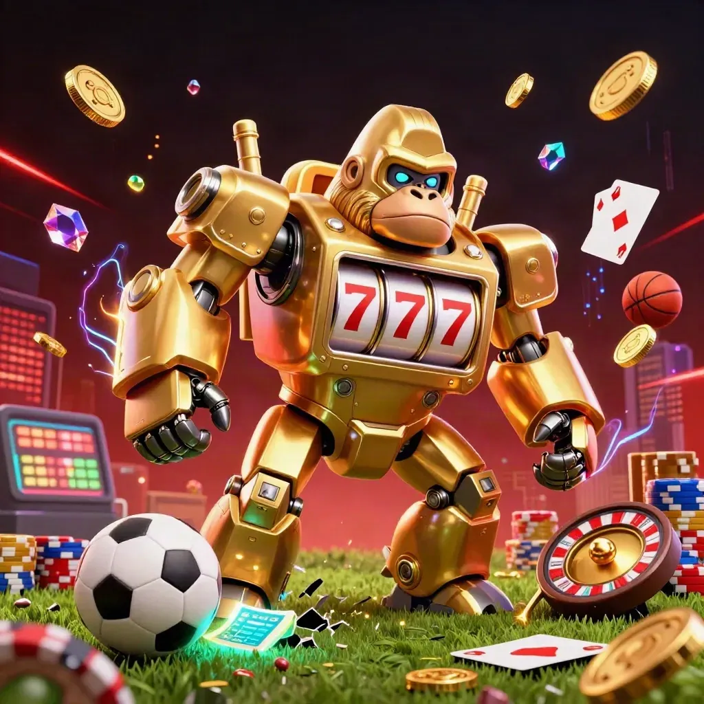 Golden gorilla mech casino hero with flying balls, coins, chips, and neon energy.