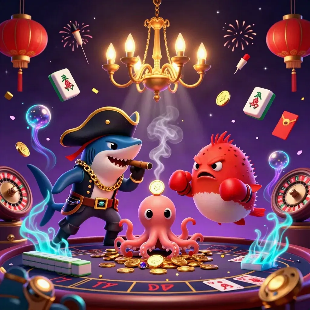 Pirate shark, boxing pufferfish, and juggling octopus in a neon casino underwater scene.
