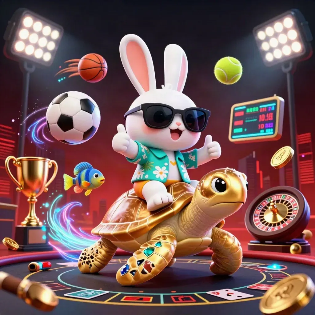 Cartoon rabbit rides a golden sea turtle amid casino lights, coins, sports balls, and neon effects.