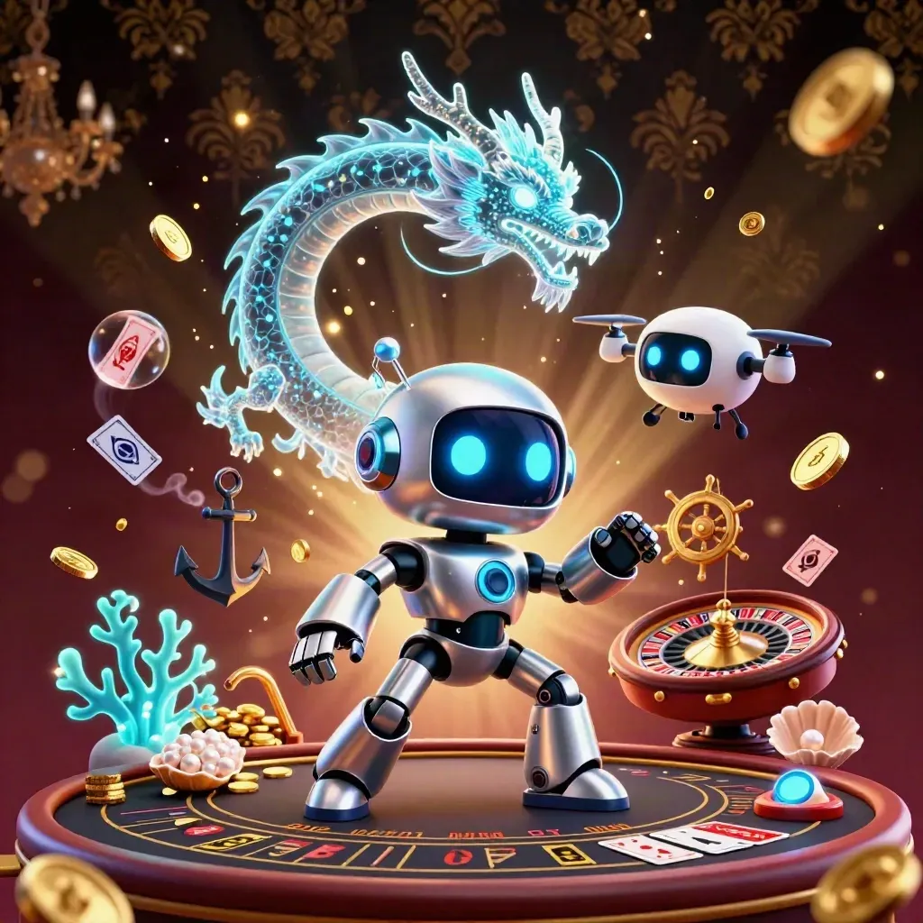 Cyberpunk robot, holographic dragon, and coin drone in a luxury casino treasure cove.